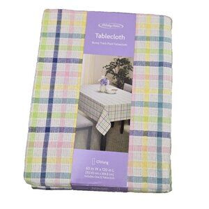 HOLIDAY HOME Spring Easter Cotton Bunny  Trails Plaid Tablecloth 60” X 120”